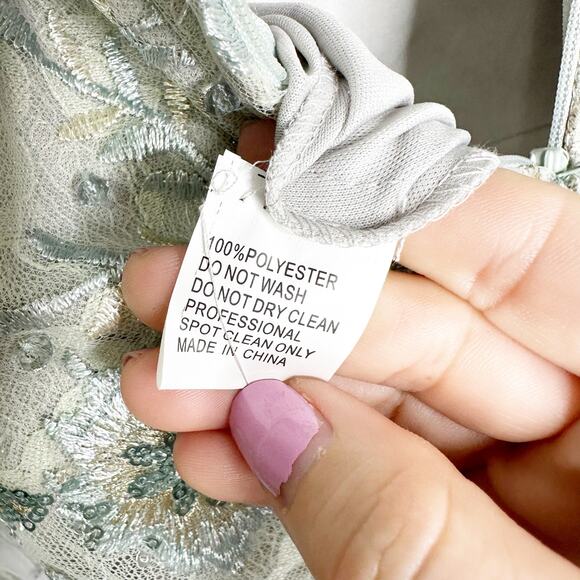 Mac Duggal 67539 Sea Mist Embellished Illusion V Neck Long Sleeve Gown 14 $698 - Picture 9 of 10